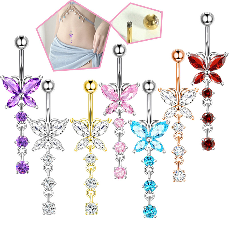 Body Jewelry Belly Button Rings - 14GA Altın Kelebek ve Sarkan Çiçekli