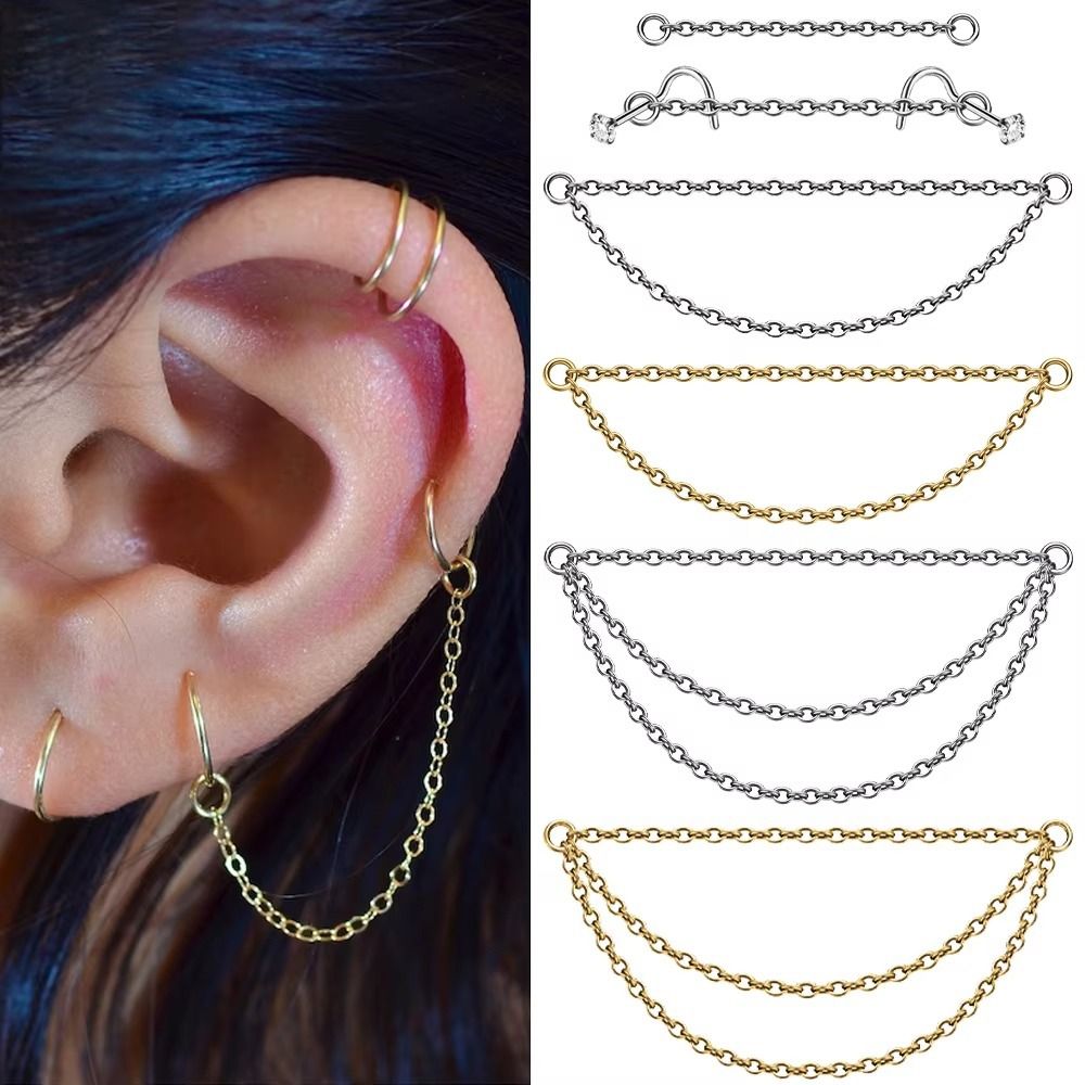Body Jewelry Labret - Moda Titanyum Burun Zinciri Çift Zincir
